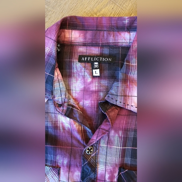 Affliction Button Down Shirt Womens Large  Red Wine Black Long Sleeves - Picture 10 of 13